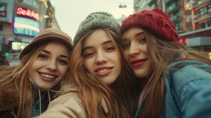 Fototapeta premium Three Young Women Took A Selfie Portrait On A City Street, Capturing Memories Of Friendship And Joy, Hd Images