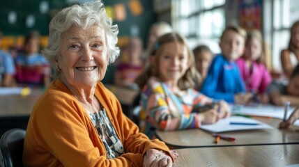 Fototapeta premium Multi generation concept. seniors are helping young students with their homework in classroom.