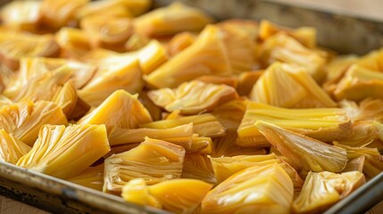 A closeup of a tray of dehydrated jackfruit a popular tropical fruit with a caption explaining the steps for drying and storing.