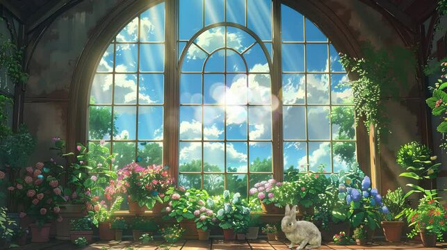 stained glass window with flowers. Virtual 4K video animation background with looping time lapse with very smooth graphics.