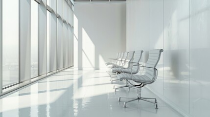 White office chairs in a modern conference room interior with panoramic windows and light from the window. A minimalist business background, the concept of a meeting or corporate symbol