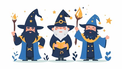 3 magical enchanted wizards casting spells wearing wide brimmed pointy hat magic fire large long fluffy beard dark clothes