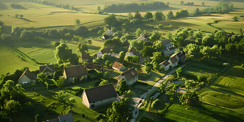 An aerial view of a cluster of farmhouses in a rural countryside