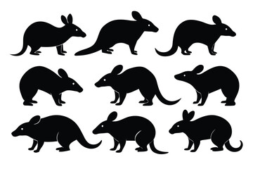 Set of Bandicoot animal black silhouette vector on white background