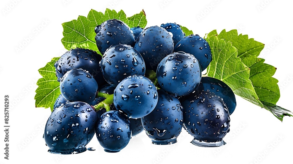 Poster Dark blue grape with leaves isolated on white background Wet fruit With clipping path Full depth of field : Generative AI