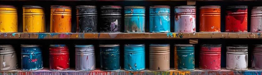 Rows of paint cans on industrial shelves in a storage facility