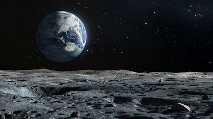 Earths distant view from the rocky surface of the moon in space.