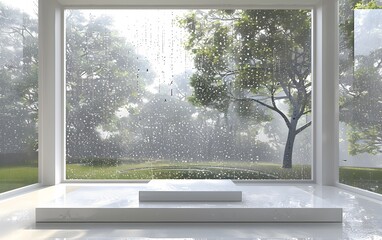 Clean, minimalist design with a white table positioned near a floor-to-ceiling window, rain visible outside, the room bathed in soft, diffused light, evoking tranquility and simplicity.