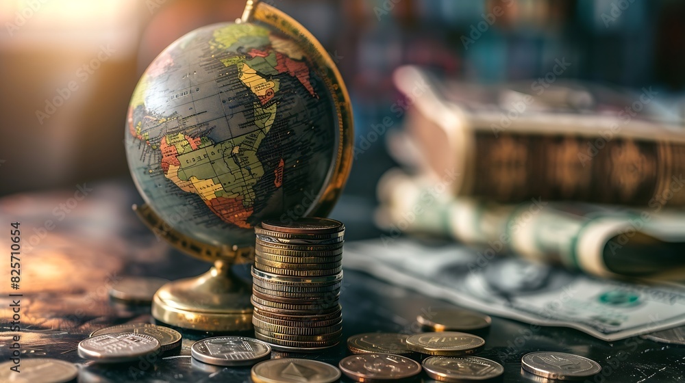 Poster globe and stack with coins money makes the world go round : generative ai