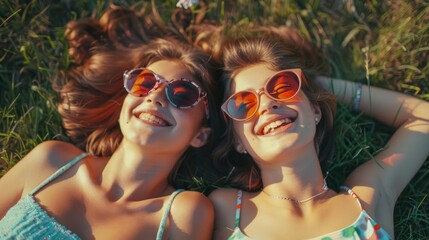 Two Young Girls Wearing Sunglasses, Lying On The Grass And Having Fun Together, Their Laughter Filling The Air, Hd Images