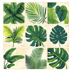 Fototapeta premium Multiple Tropical Leaf Flat Design Collage on Transparent Background