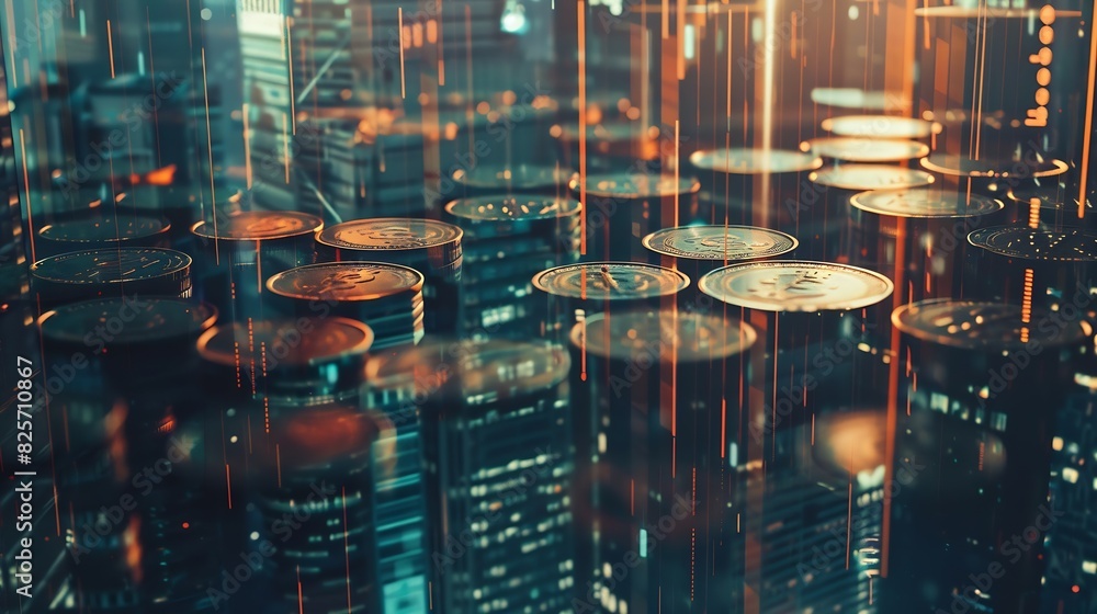 Poster double exposure of city and rows of coins for finance and banking concept : generative ai