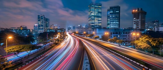 Fototapeta premium Lights trail at night city landscape. Low shutter speed cityscape photography. 