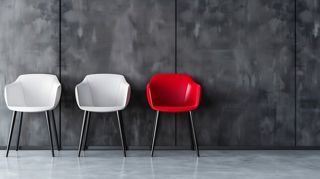 Three vacant white chairs and one red on gray wall background in office or room Simple minimalist interior nobody free space Job recruiting leadership and business due covid19 virus mo : Generative AI