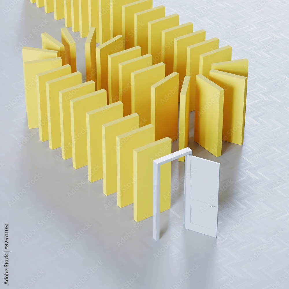 Poster a white door open arranged be hide yellow box in the back line. creative idea concept. 3d rendering