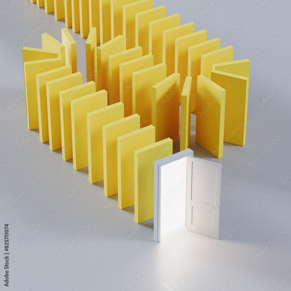 Poster a white door open with lighting arranged be hide yellow box in the back line. creative idea concept.
