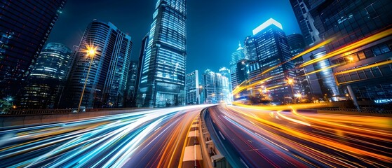 Lights trail at night city landscape. Low shutter speed cityscape photography. 