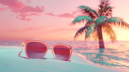 3D cartoon render of sunglasses with a beach and palm tree on the sand