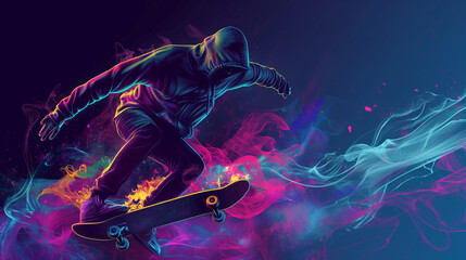 A man skateboarding in the style of hyperdetailed illustrations, with vibrant and colorful digital art, featuring detailed character design and fluid lines