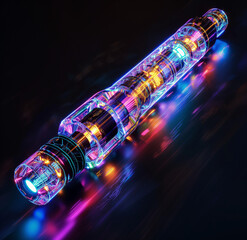 A light techno tube made of glass and crystal, glowing with vibrant colors. It has multiple tubes filled with colorful light in the style of cyberpunk futurism
