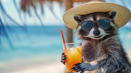 Raccoon wearing sunglasses and straw hat holding a cocktail glass on the beach, summer vacation concept, funny animal in sunlight