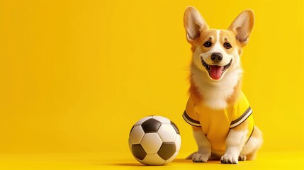 Corgi puppy in a yellow and white jersey sits next to a soccer ball on a yellow background