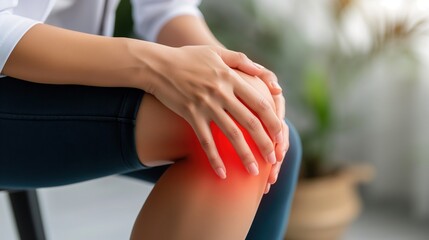 Fototapeta premium Woman sitting on a chair holding her sore knee at a doctor's appointment in a clinic