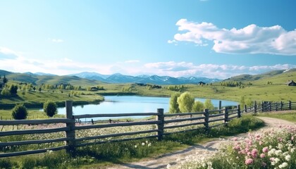 Fototapeta premium A stunning spring day landscaping views of fertile land surrounded beautiful green vegetation, wide stretches of hills and mountains with clear skies in spring