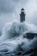 Lighthouse withstands the fury of a stormy sea with fog