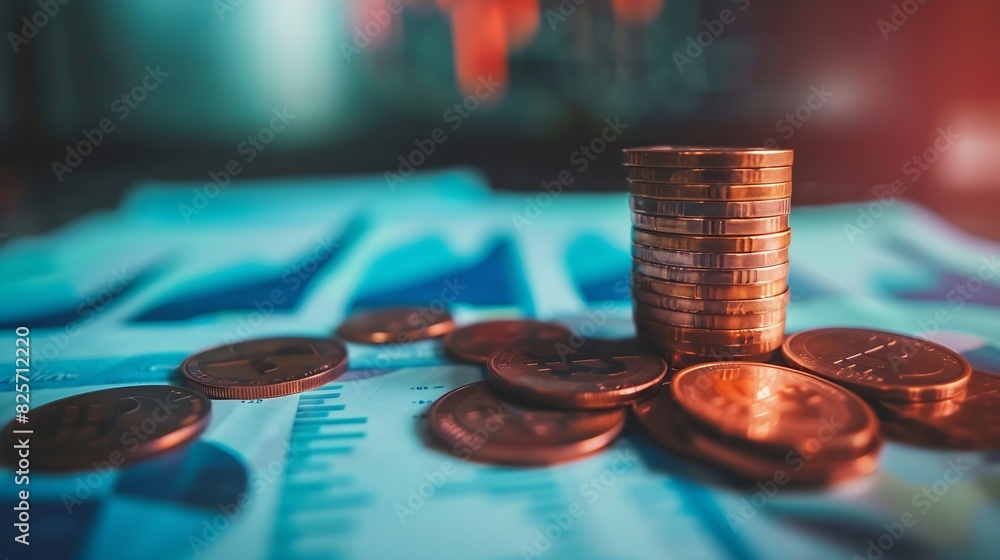 Poster Money coin stack on office desk with graph and up arrow with blue filter Business and finance concept : Generative AI