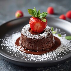 a mouth watering chocolate lava cake oozing with chocolate garnished with peppermint leaves and berries sprinkled with sugar icing