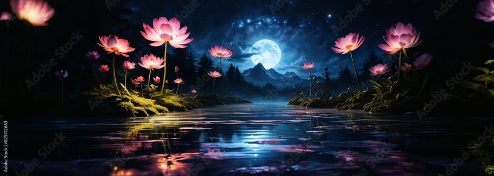 Poster a beautiful image of a river with a full moon in the background
