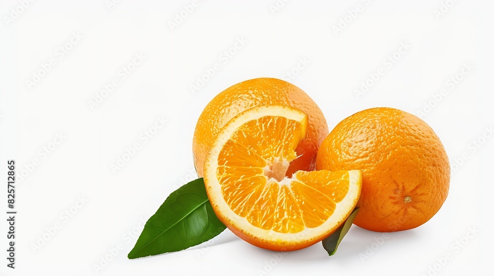 Aufkleber Isolated oranges Whole single orange fruit with leaf and piece isolated on white background with clipping path : Generative AI