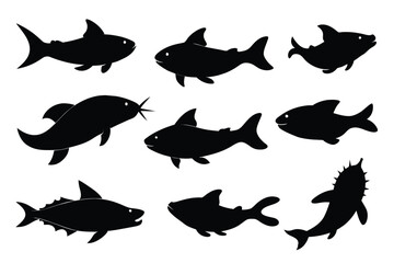 Set of Banjo Catfish animal black silhouette vector on white background