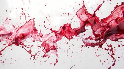 Ruby-colored paint splashes arranged in a dynamic pattern on a pristine white canvas, capturing the essence of motion and fluidity