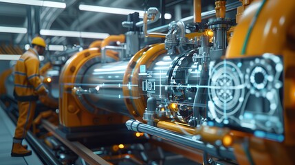 Fototapeta premium Process for mobile charging on an industrial pipe with holographic data visualizations and workers using digital devices to monitor energy performance in realtime