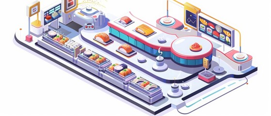 A futuristic isometric set of a sushi conveyor belt restaurant with advanced technology, model isolated white background