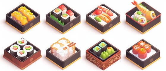 A kawaii isometric set of bento boxes filled with various Japanese delicacies, model isolated white background