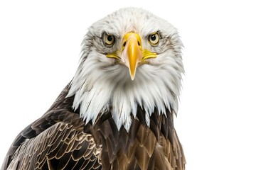 Obraz premium A majestic bald eagle, symbolizing freedom and strength, isolated on pure white background.
