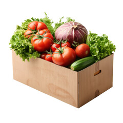 Cardboard box full of colorful fresh vegetables food isolated on transparent png