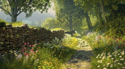 A quiet countryside lane lined with blooming wildflowers and old stone walls, offering a peaceful retreat into nature.