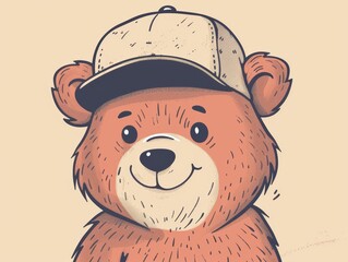 Fototapeta premium A cute cartoon brown bear wearing a baseball cap, looking directly at the viewer with a big smile.