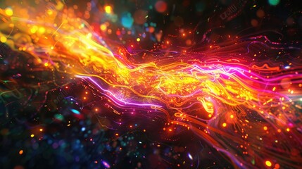 A luminous burst of amber brilliance harmonizing with neon glows and various colors, crafting a mesmerizing interplay of light and shadow.