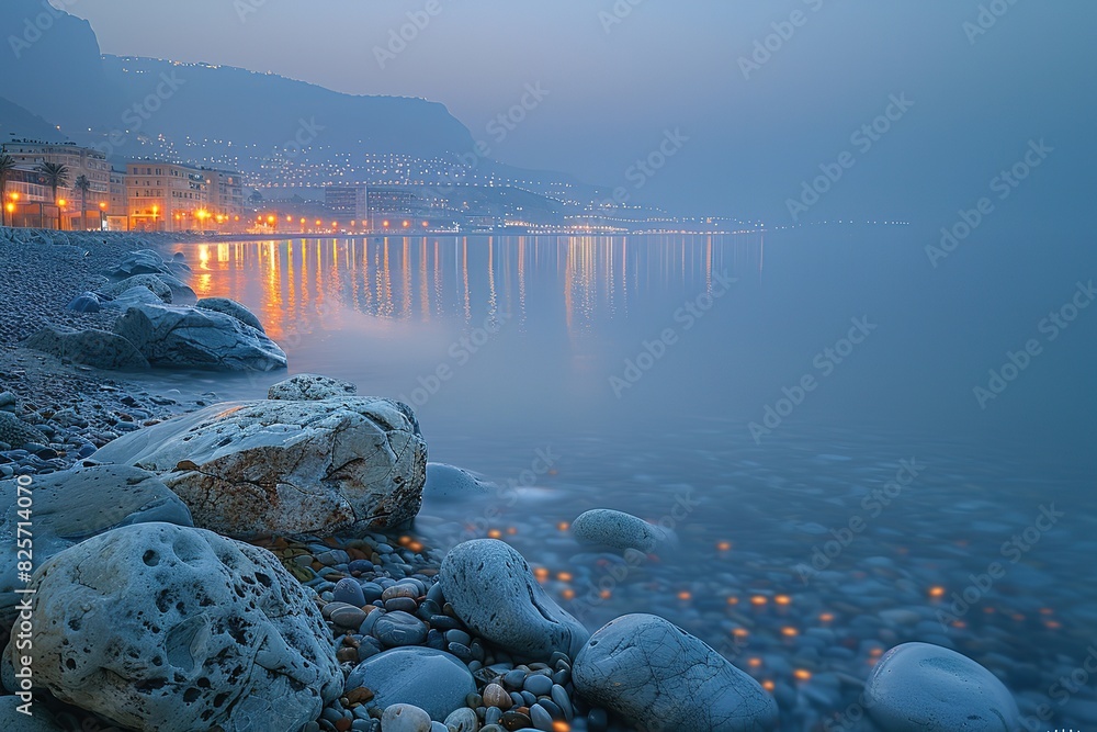 Wall mural A rocky shoreline with a calm body of water in the background - Wall murals