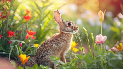 Fototapeta premium A rabbit sniffing flowers in a vibrant spring garden.