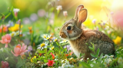 Fototapeta premium A rabbit sniffing flowers in a vibrant spring garden.