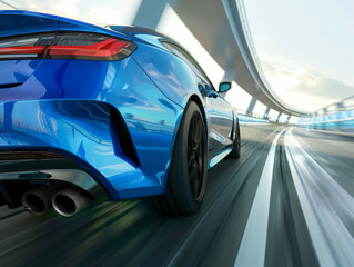 Blue Sports Car Driving on Highway for Transportation Design with copy space text for social media