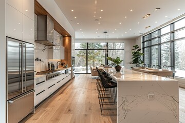 A large, modern kitchen with a white counter and a black bar
