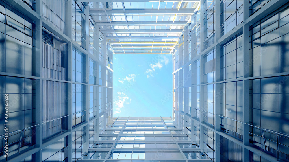 Poster glass building with blue sky for architecture design with copy space text for social media