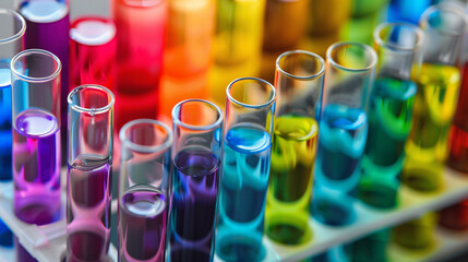 Close-up of test tubes with different colored liquids in a rack